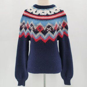 NWT J. Crew Lambs Wool Blend Zigzag Fair Isle Nordic Blue Thick Knit Sweater XS